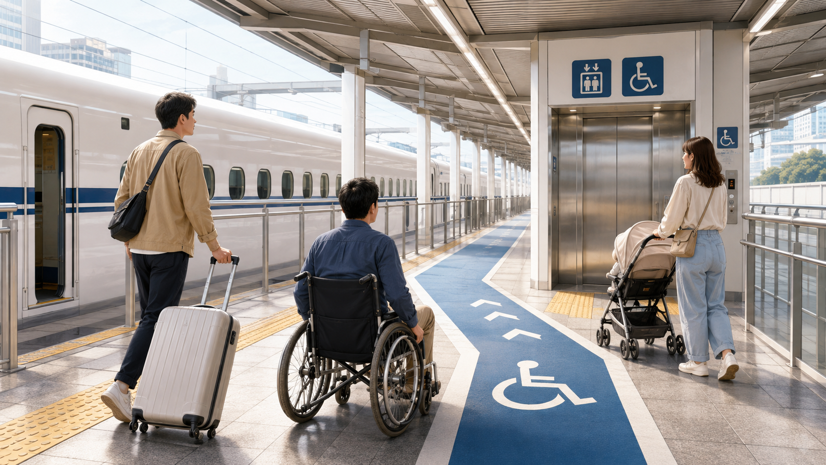 大型荷物や車いす、ベビーカー利用時に設備動線を優先する様子