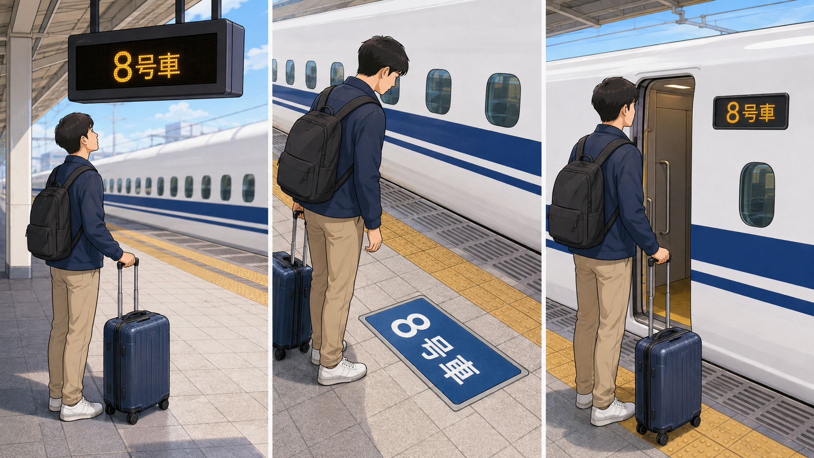 ホームの表示と車体の号車表示で乗車口を確認する手順