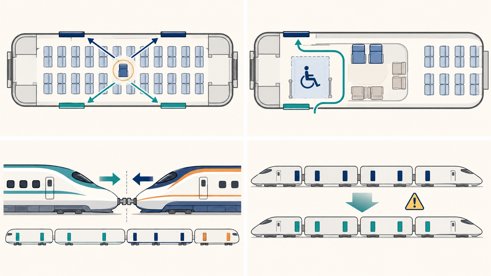 中央席や特殊配置、連結列車、編成変更の注意例